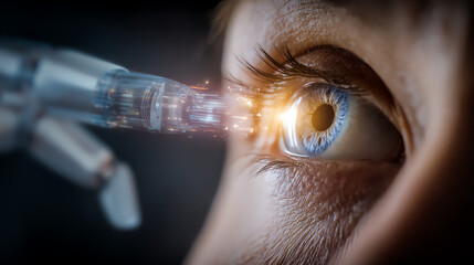 A close-up of a futuristic eye treatment showcasing advanced technology and precision in medical procedures.