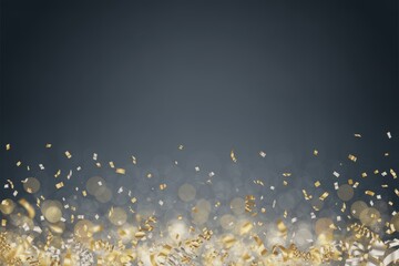 Golden confetti falling and accumulating on a dark background with blurred bokeh lights.