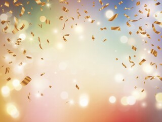 Golden confetti and streamers falling elegantly against a soft bokeh light background for celebration