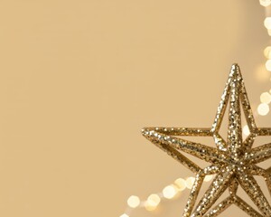 Golden glitter star decoration with warm bokeh lights on a beige background, providing copy space.