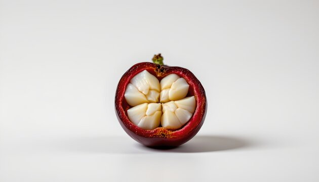 A ripe mangosteen fruit with its inner segmented pieces exposed, resting on a surface.