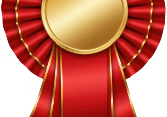 Golden oval medal with red ribbon rosette isolated on transparent background