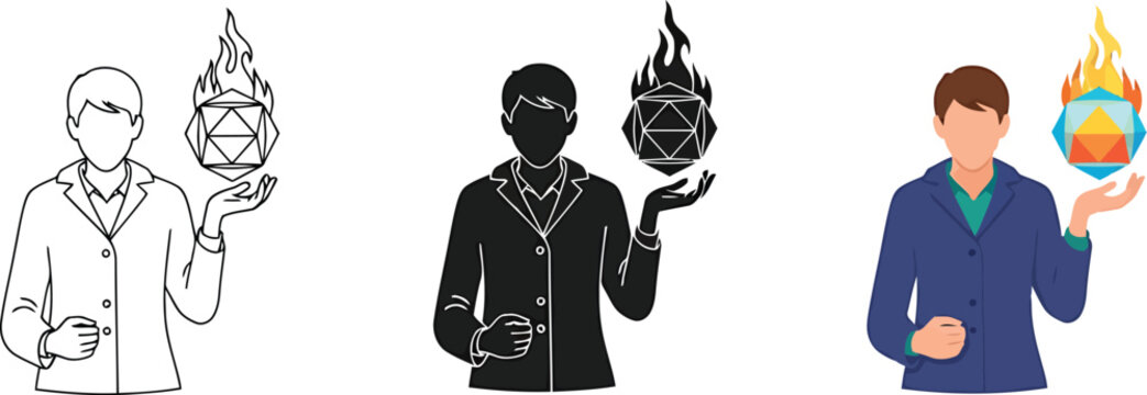 Concept design showing science magician holding fiery polyhedron