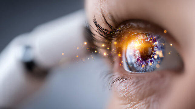 A close-up view of a human eye with digital effects, showcasing innovation and merging technology with biology.