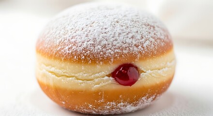 Closeup of a delicious sufganiyah with powdered sugar and jelly filling