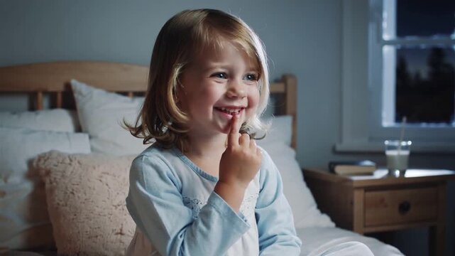 Smiling Little Girl With Wiggly Tooth Waiting For Tooth Fairy Visit