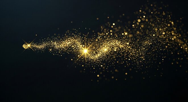 Golden Glittering Particles Trail Swirling Across Dark Background