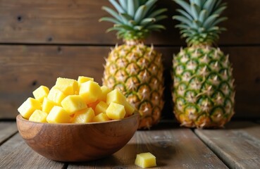 Pineapple pieces in bowl. Two whole pineapples at background. Tropical fruit cut into cubes. Healthy snack and summer dessert idea. Wood table with exotic food for diet.