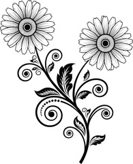 Beautiful floral vector illustration with two blooming flowers and ornamental swirl leaves design perfect for tattoo, decoration, and artistic pattern