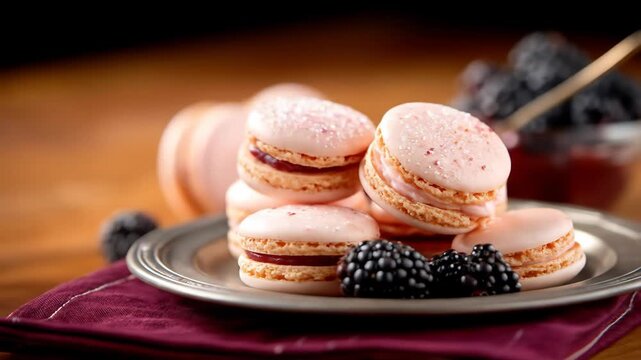 Delicate macarons with blackberry still life photography