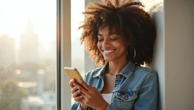 Young woman with curly hair stands near window using smartphone in bright room. She smiles while texting on mobile device. Woman wears denim jacket and white top. Natural light illuminates the scene.