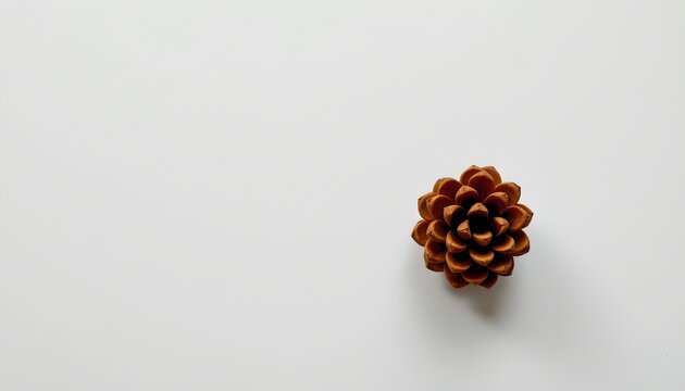 A single pine cone resting against a minimalist white background, creating a simple yet striking contrast.