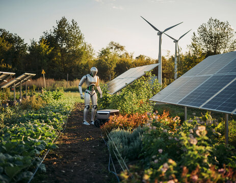 A futuristic vision of sustainable agriculture where an advanced AI robot tends a lush organic garden powered by solar and wind energy