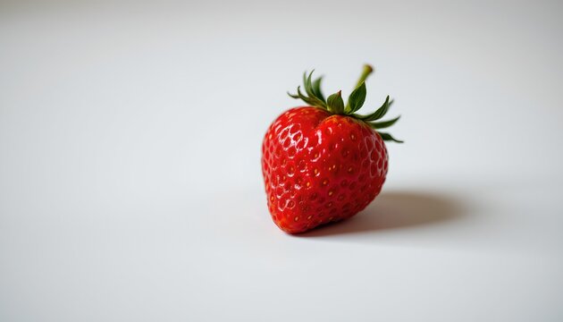 A single red strawberry with green leaves sits prominently in the foreground against a white background.