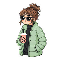 Cute anime girl wearing a puffer jacket and sunglasses holding a bubble tea isolated on transparent background