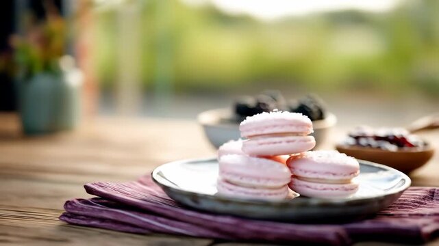 Pink macaron stack still life dessert composition