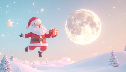 Santa Claus flying across the night sky carrying Christmas gifts, minimalist winter