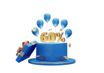 Golden sixty percent discount symbol emerging from blue gift box isolated on transparent background