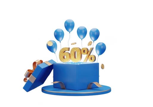Golden sixty percent discount symbol emerging from blue gift box isolated on transparent background - Powered by Adobe