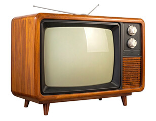 A classic television set with a wood grain cabinet, featuring a screen and two prominent knobs