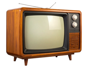 A classic television set with a wood grain cabinet, featuring a screen and two prominent knobs