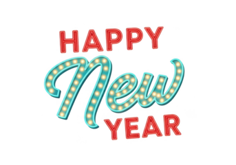 Happy new year illuminated marquee sign text isolated on transparent background