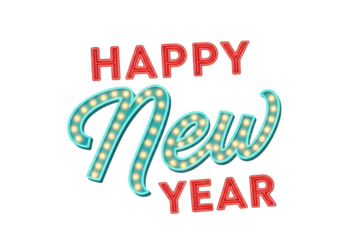 Happy new year illuminated marquee sign text isolated on transparent background