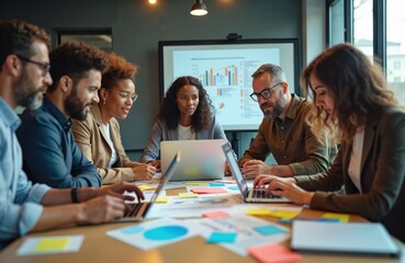 Diverse team discusses project strategy on laptops around table with charts, sticky notes. Professionals brainstorm ideas, plan work, analyze data. Employees collaborate on business goals in modern
