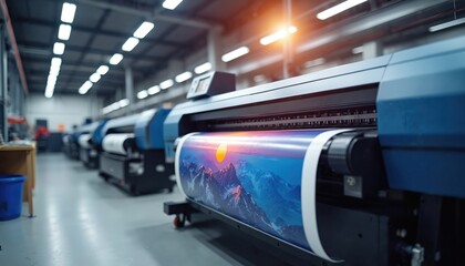 Wide format printers create colorful landscape banner in factory. Industrial machines produce large scale graphics for commercial use. Manufacturing line generates visual media for advertising.