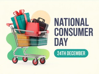 Celebrating national consumer day with a shopping cart full of gifts and festive decorations