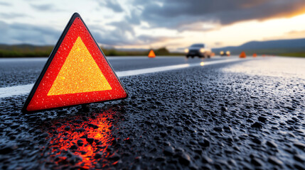 A roadside emergency triangle alert signals caution on a wet road during sunset, emphasizing vehicle safety and awareness.