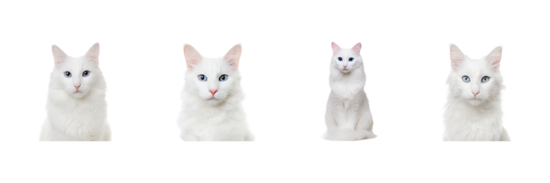 Turkish Angora Cats Portrait Set. Feline Beauty And Elegance Collection Isolated On Transparent Background