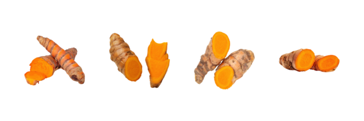 Turmeric Root And Slices Set. Culinary And Medicinal Herb Collection Isolated On Transparent Background