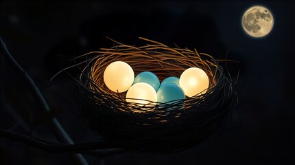 A serene night scene of a bird's nest under the moonlight, with glowing eggs illuminating the darkness