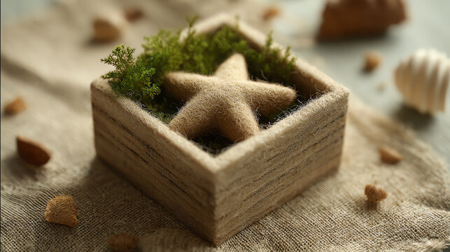 A rustic wooden box containing a decorative star and lush greenery, perfect for home decor enthusiasts and nature lovers.
