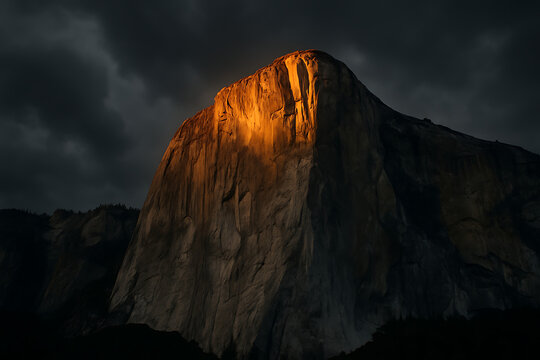 Dramatic golden sunset illuminates iconic granite mountain peak against dark clouds