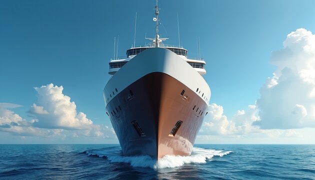 Large luxury cruise ship sails on calm blue ocean water under sunny sky with white clouds. Majestic vessel features white, brown hull creating white bow wave. Perfect for travel, vacation, holiday,