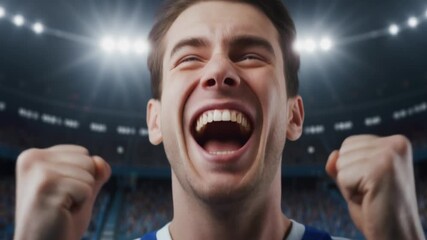 Dynamic video of ecstatic sports fan cheering wildly at a stadium, experiencing pure joy and excitement at a live game, creating a memorable and energetic moment of victory