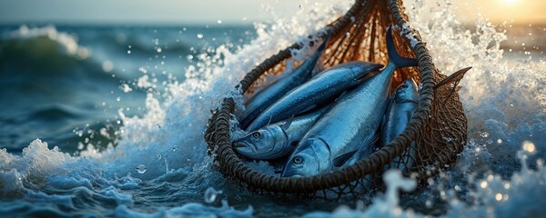 Fishing net full of fresh fish gets pulled from ocean water. Silvery catch splashes from powerful sea waves. Water drops fly around full haul of ocean bounty. Fishermen work hard for successful daily