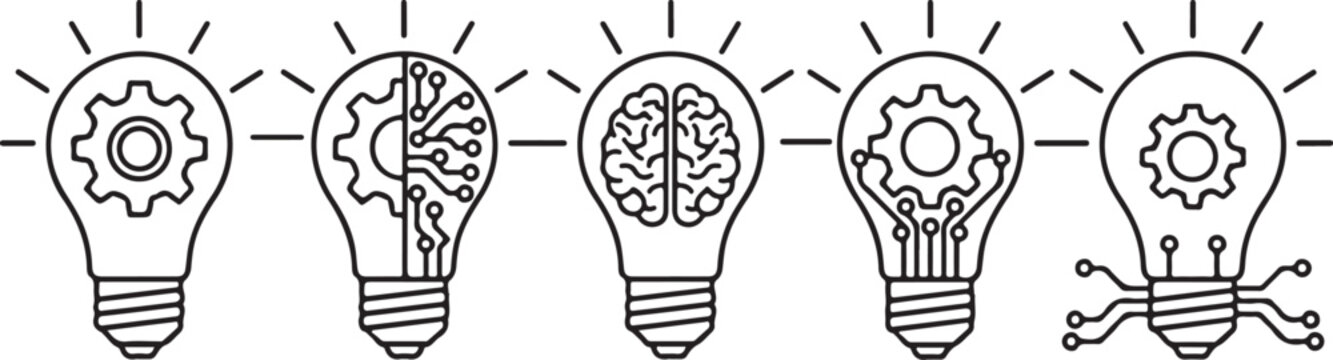 Light bulb and brain inside. innovation symbol vector innovation icon set. Light bulb and cog inside. inspiration icon eps