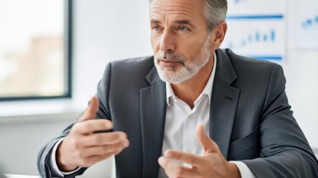 Professional older businessman leading video conference in office meeting, business presentation