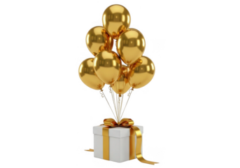 Golden balloons tied to a white gift box isolated on transparent background