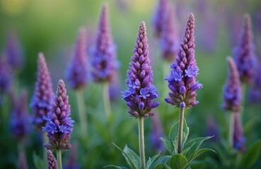 Obraz premium Field of Nepeta transcaucasica purple flowers in soft focus. Delicate blooms on tall stems rise from fuzzy green foliage. Backdrop blurred with gentle green and violet hues.