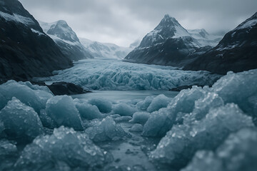 Majestic glacial landscape with icy formations and snow-capped mountains