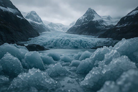 Majestic glacial landscape with icy formations and snow-capped mountains