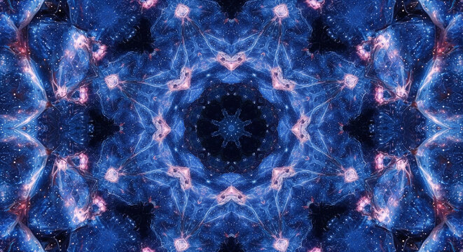 kaleidoscopic patterns or digital mandalas created from images of nebulae or space. 
