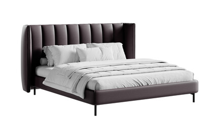 Black leather bed with white bedding on an isolated background. Furniture for mockups, presentations, and marketing materials.