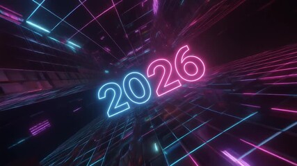 Neon Orbit: Rotating 2026 Glows in Cyberpunk Blue-Pink Light, Surrounded by Holographic Grids and Digital Motion in a Futuristic Sci-Fi Scene of Tech-Driven Anticipation and Visual Immersion - Powered by Adobe