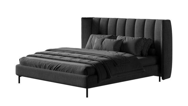 Blackte bed with black bedding on an isolated background. Furniture for colleges, marketing, and presentations.