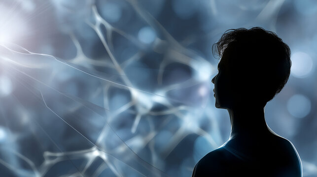 Faceless silhouette framed by floating neural network visuals, softly blurred edges creating a digital atmosphere, with copy space.